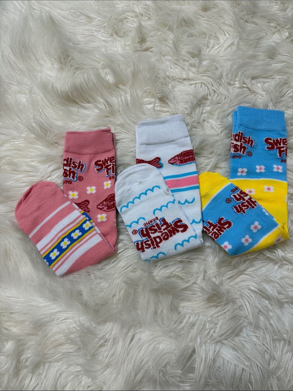 New, Sweetish Fish Colorful Crew Socks - Pink, White, Blue, Yellow